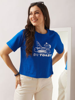 Globus - Women Blue Round Neck Short Sleeves Printed Oversized T-shirt