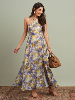 Globus - Women Yellow Abstract Print Halter Neck Flared Hem A-Line Maxi Resort Dress