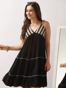 Globus - Women Black V-Neck Tie-Up Strappy Shoulder Crochet Tiered A-Line Mini Resort Dress