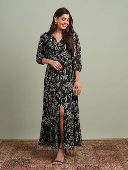 Globus - Women Black V-Neck Puff Sleeves Floral Print Fit & Flare Maxi Resort Dress