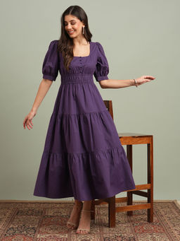 Globus - Women Purple Square Neck Puff Sleeves Solid Tiered Fit & Flare Midi Resort Dress