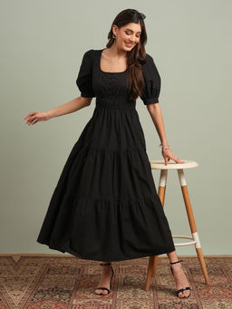 Globus - Women Black Square Neck Puff Sleeves Solid Tiered Fit & Flare Midi Resort Dress