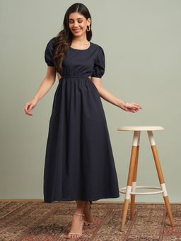 Globus - Women Navy Blue Round Neck Puff Sleeves Solid Fit & Flare Midi Resort Dress