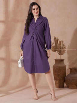 Globus - Women Purple Collared Neck Bishop Sleeves Solid Midi Workwear Shirt Dress