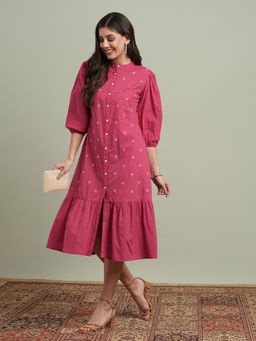 Globus - Women Pink Mandarin Neck Puff Sleeves Floral Embroidered Midi A-Line Dress