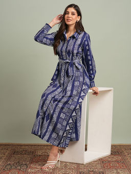 Globus - Women Blue Collared Neck Ethnic Print Maxi Shirt Dress with Belt (Set of 2)
