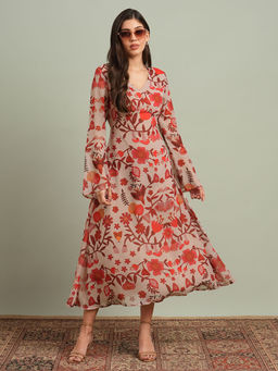 Globus - Women Red V-Neck Bell Sleeves Floral Print Georgette Midi A-Line Dress
