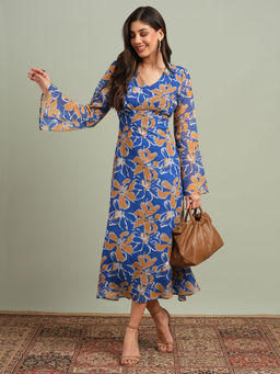 Globus - Women Blue Floral Printed V-Neck Bell Sleeves Gathered A-Line Midi Dress