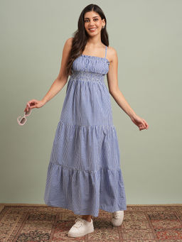 Globus - Women Blue Strappy Shoulder Gingham Checks Fit & Flare Maxi Resort Dress