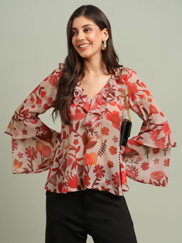 Globus - Women Red V-Neck Bell Sleeves Floral Print Ruffle Detail Georgette Top