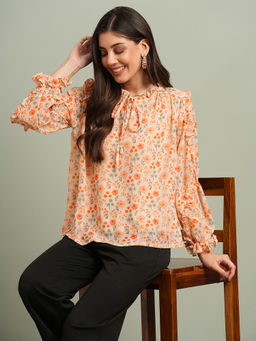 Globus - Women Orange Floral Print Bishop Sleeves Tie-Up Round Neck Ruffle Detail Top