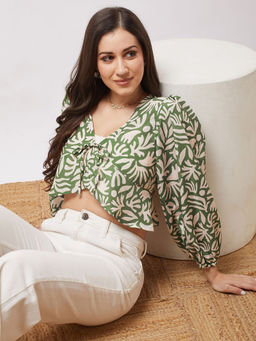 Globus - Women Green V-Neck Bishop Sleeves Abstract Print Tie-Up Detail Wrap Top