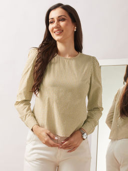 Globus - Women Yellow Checkered Back Button Detailing Cuffed Sleeves Shirt Style Top