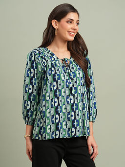 Globus - Women Green Bishop Sleeves Abstract Print Tie Up Detailing Top