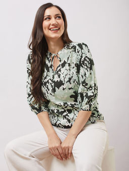 Globus - Women Black Tie Up Neck Bishop Sleeves Abstract Print Top