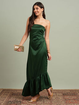 Globus - Women Green Solid Pleated & Ruffle Detail Satin A-Line Maxi Party Dress