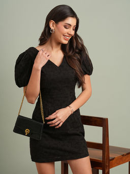 Globus - Women Black V-Neck Puff Sleeves Self Design Mini Bodycon Resort Dress
