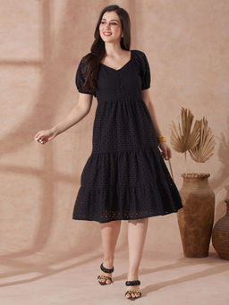 Globus - Women Black Sweetheart Neck Puff Sleeves Self Design A-Line Midi Resort Dress