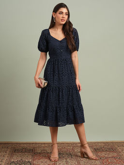 Globus - Women Navy Blue Sweetheart Neck Puff Sleeves Self Design A-Line Midi Resort Dress