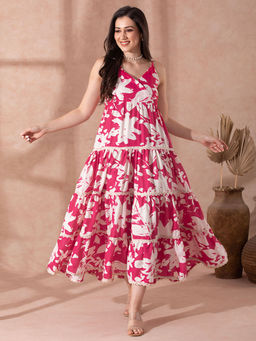 Globus - Women Pink Strappy Shoulder Floral Print Fit & Flare Maxi Resort Dress