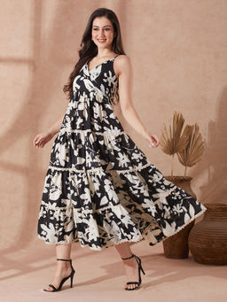 Globus - Women Black Strappy Shoulder Floral Print Fit & Flare Maxi Resort Dress