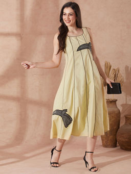 Globus - Women Beige Round Neck Piping & Embroidered Patch A-Line Midi Resort Dress