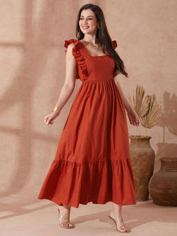 Globus - Women Rust Square Neck Solid Fit & Flare Maxi Resort Dress