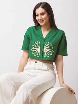 Globus - Women Green Collar Neck Embroidered Detail Boxy Fit Crop Shirt