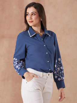 Globus - Women Blue Collared Neck Floral Embroidered Cuff Sleeves Curved Hem Shirt