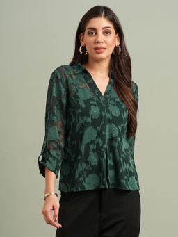 Globus - Women Green Collared Neck Roll-Up Sleeves Floral Self Design Shirt Style Top