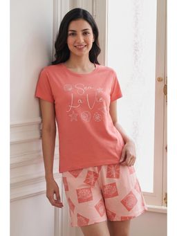 Zivame - Peach Shell Printed Knit Cotton T-shirt and Shorts