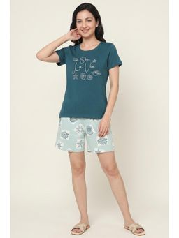 Zivame - Teal Shell Printed Knit Cotton T-shirt and Shorts