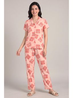 Zivame - Peach Shell Printed Knit Cotton Shirt with Pyjama