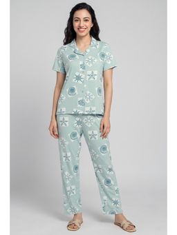Zivame - Sea Green Shell Printed Knit Cotton Shirt with Pyjama