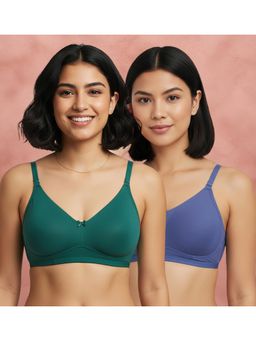 Shyaway - Green-Blue Non Padded Wirefree Seamless Full Coverage Cotton T-shirt Bra (Pack of 2)