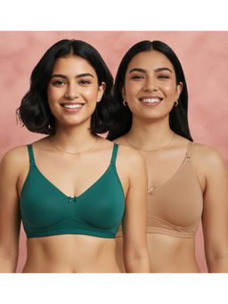 Shyaway - Green-Beige Non Padded Wirefree Seamless Full Coverage Cotton T-shirt Bra (Pack of 2)