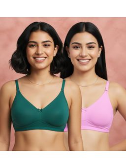 Shyaway - Green-Pink Non Padded Wirefree Seamless Full Coverage Cotton T-shirt Bra (Pack of 2)