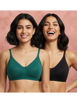 Shyaway - Green-Black Non Padded Wirefree Seamless Full Coverage Cotton T-shirt Bra (Pack of 2)