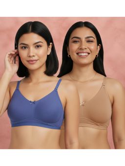 Shyaway - Blue-Beige Non Padded Wirefree Seamless Full Coverage Cotton T-shirt Bra (Pack of 2)