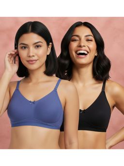 Shyaway - Blue-Black Non Padded Wirefree Seamless Full Coverage Cotton T-shirt Bra (Pack of 2)