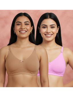 Shyaway - Beige-Pink Non Padded Wirefree Seamless Full Coverage Cotton T-shirt Bra (Pack of 2)