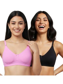 Shyaway - Pink-Black Non Padded Wirefree Seamless Full Coverage Cotton T-shirt Bra (Pack of 2)