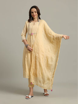 MEENA BAZAAR - Beige Embroidery Cotton Kurta with Pants and Dupatta