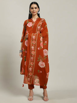 MEENA BAZAAR - Rust Printed Kurta with Pants and Dupatta