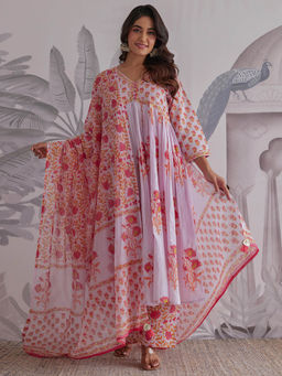 MEENA BAZAAR - Lavender Floral Anarkali Kurta with Pants and Dupatta