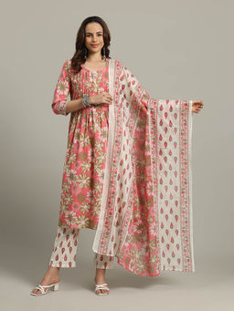 MEENA BAZAAR - Pink Floral Anarkali Kurta with Pants and Dupatta