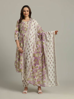 MEENA BAZAAR - Purple Floral Anarkali Kurta with Pants and Dupatta