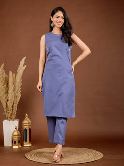 MEENA BAZAAR - Blue Solid Cotton Blend Co-Ord Set