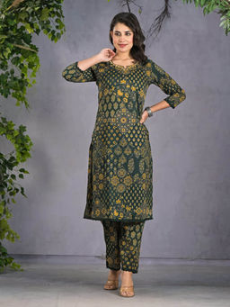 MEENA BAZAAR - Green Printed Cotton Blend Co-Ord Set