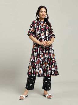 MEENA BAZAAR - Black Printed Cotton Blend Kurta with Pants
